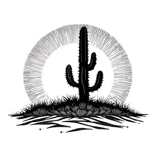 Create A Small Fineline Tattoo Of A Cactus Silhouette With A Sun Behind It