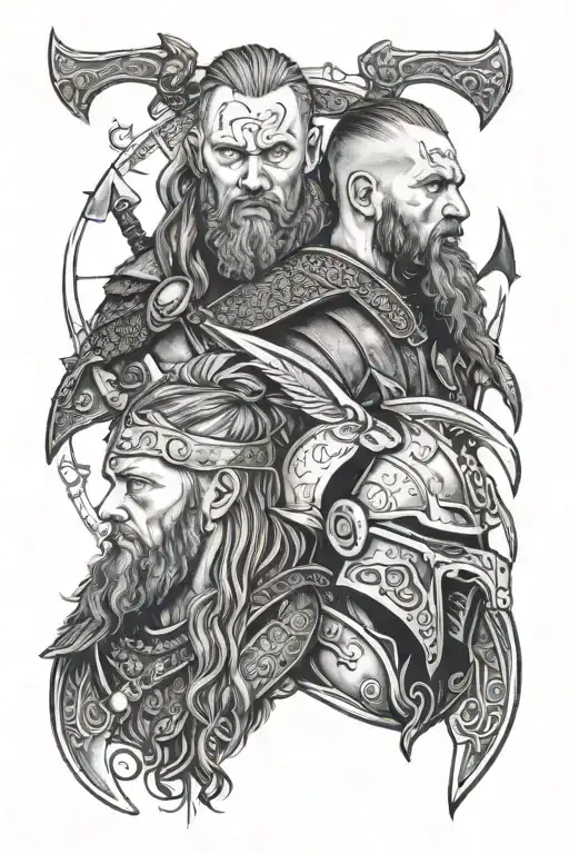 Ragnar And Agathar Lothbrock Portrait - Viking Battle Axes - Raven - Viking Shields