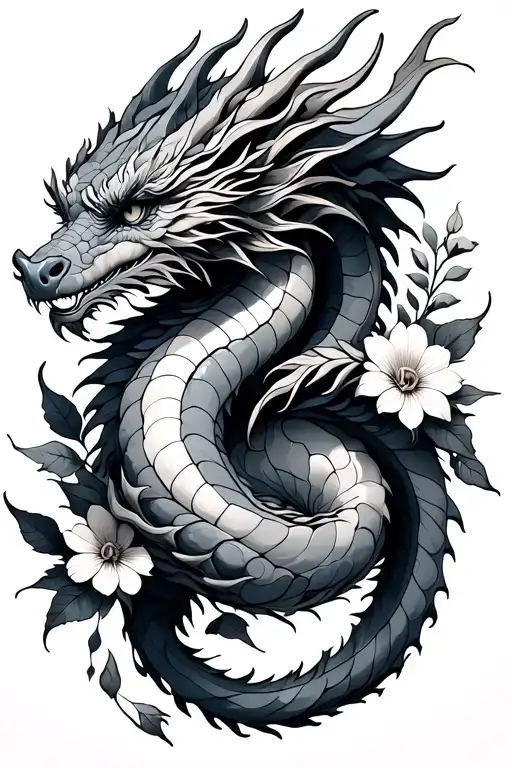 Dragon Wrapped Around Feminine Flowers