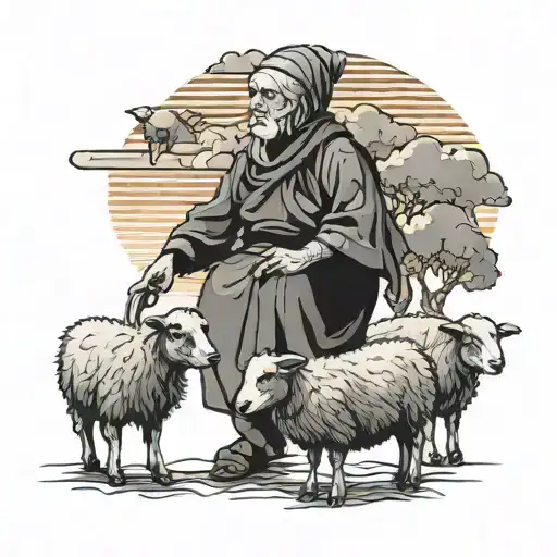 Sunset Sky Old Lady With 8 Sheeps