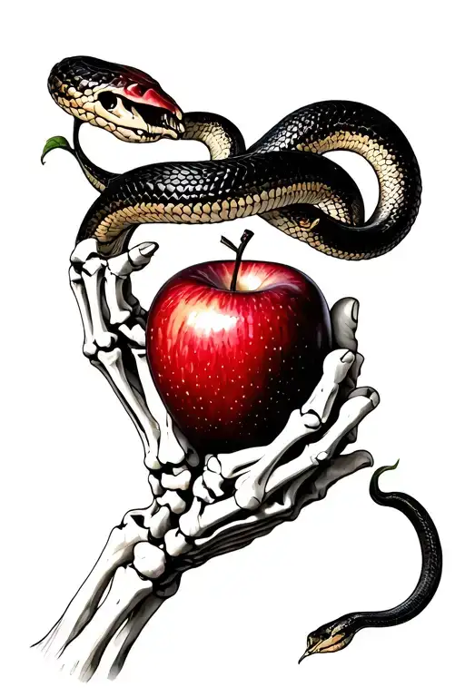 Adam And Eve Skeletal Hand Holding Apple With Snake Around It Realism