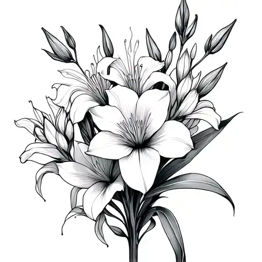 Bouquet Of Gladiolus Flower And A Honeysuckle Flower Fine Line