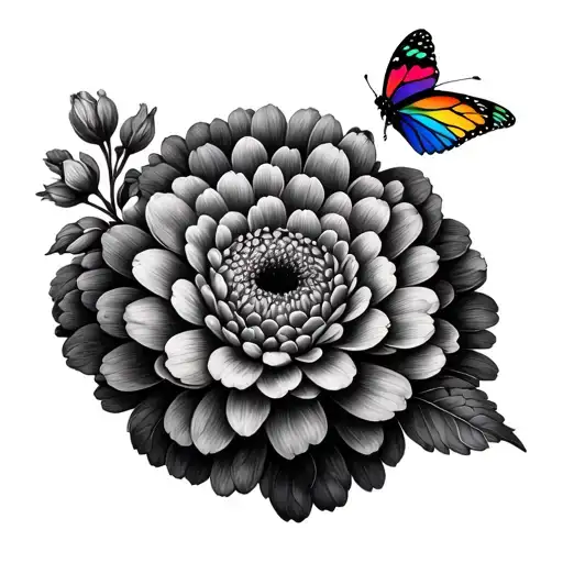 Chrysanthemum And Carnation Flowers Black And White Finelune With A Small Rainbow Coloured Butterfly