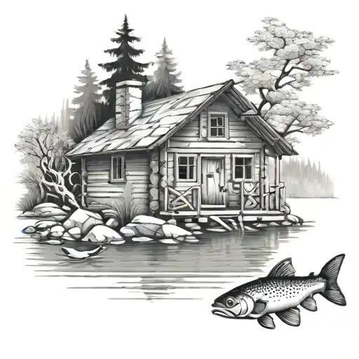 Small Cabin In Ever Green Woods Near Flowing River With Small Fish Swimming In River