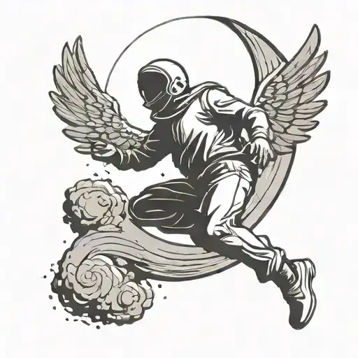 A Minimalist Design Of A Man On The Moon Looking Down At A Falling Angel