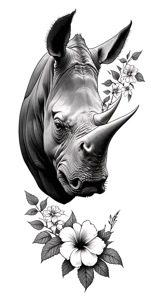 Rhino Head Roses Mayflowers Hibiscus Forest Scene