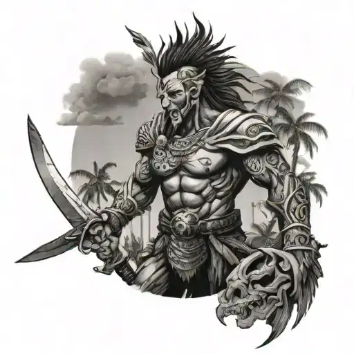 A Warrior With A Warrior Mentality Battling Inner Demons On A Tropical Island Backdrop