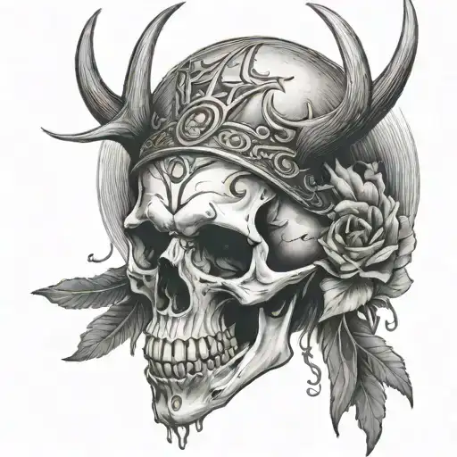 Human Skull With Antlers And Raven