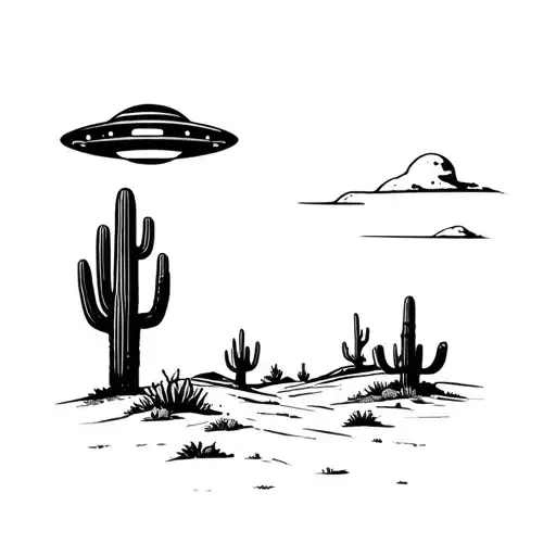 Ufo Shining Light Down On To Cactus And Desert Landscape