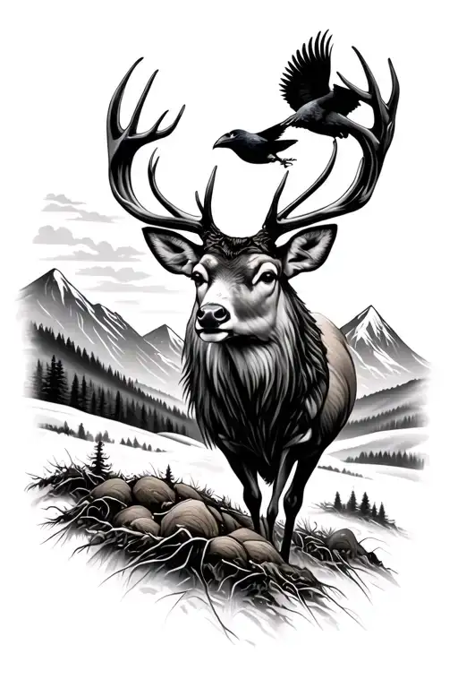 Deer Hunting With Crow In Sky And Mountains In Backround