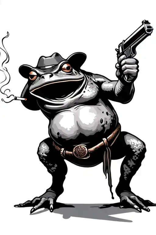 Cowboy Frog With A Fat Belly Holding A Gun Smoking A Cigarette