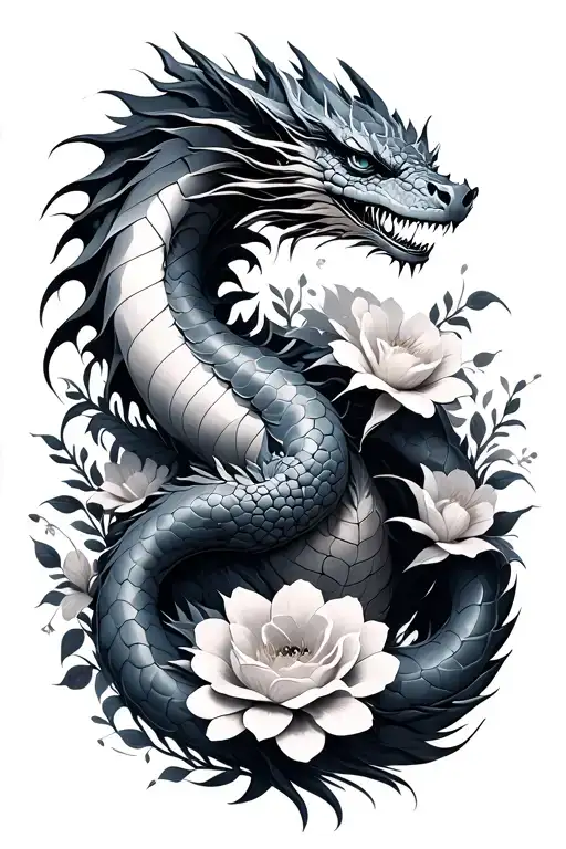 Full Body Dragon Wrapped Around Feminine Flowers