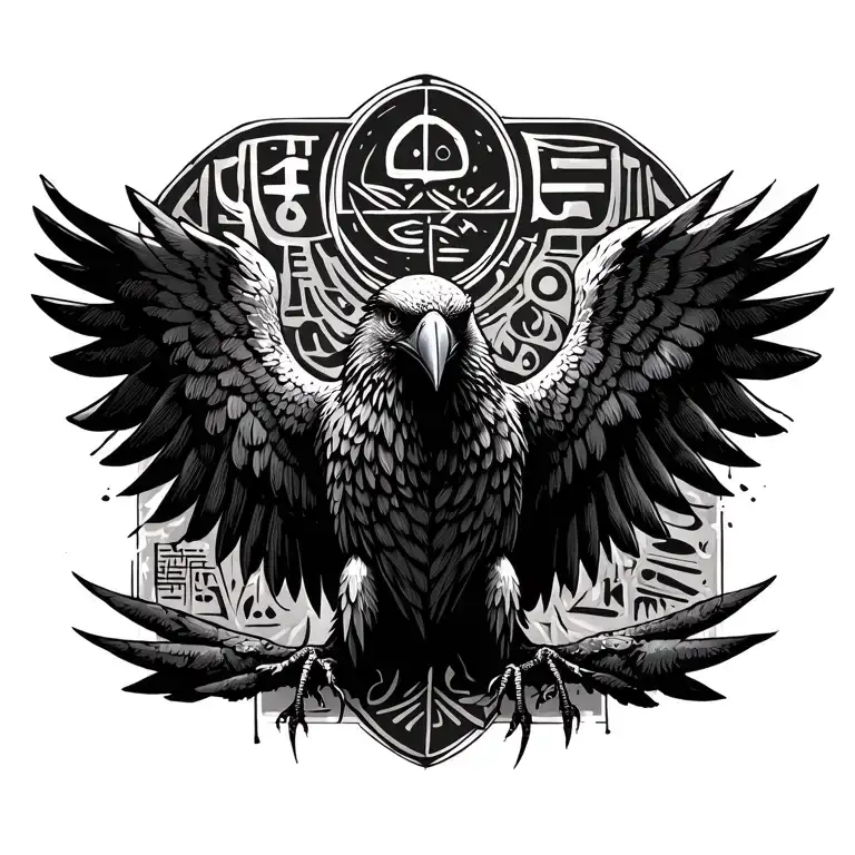 Ancient Weathered Hieroglyphic Crow Wings Spread