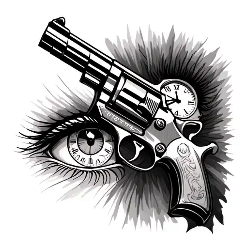 Clock Eyes And Gun Tattoo Design Forearm