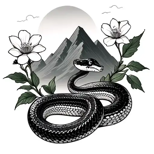 A Snake With Cherry Flowers Around It And A Mountain