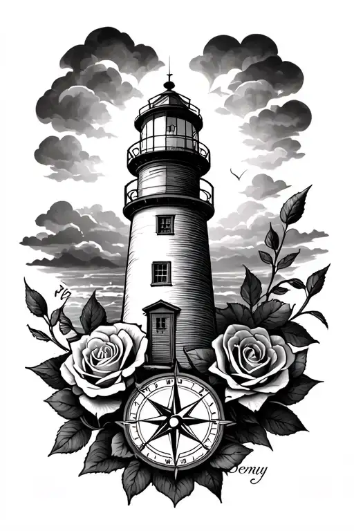 Old School American Lighthouse And Compass Rose