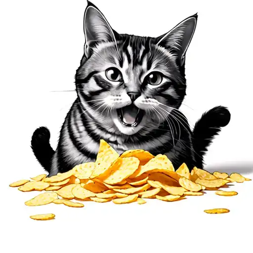Chubby Cat Eating Potato Chips Spilling