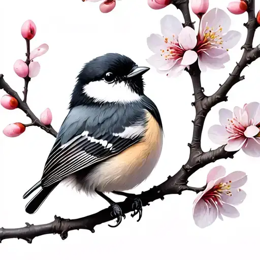 Chickadee Perched On A Cherry Blossom Tree Tattoo