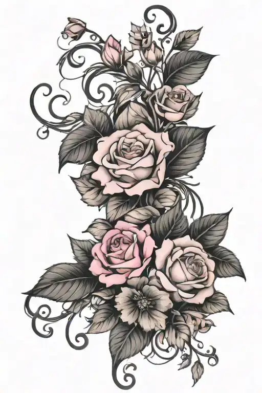 Pink And Black Flowers With Vines And Leaves On Thigh