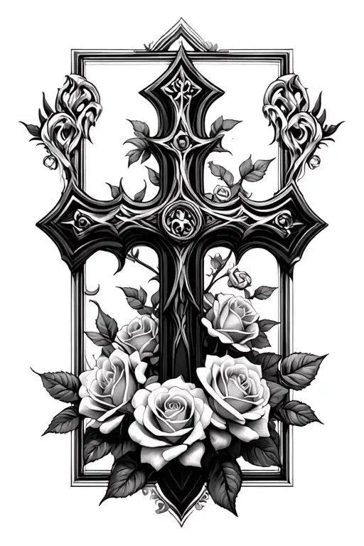 Gothic Cross Intertwined With Roses Growing And Blooming