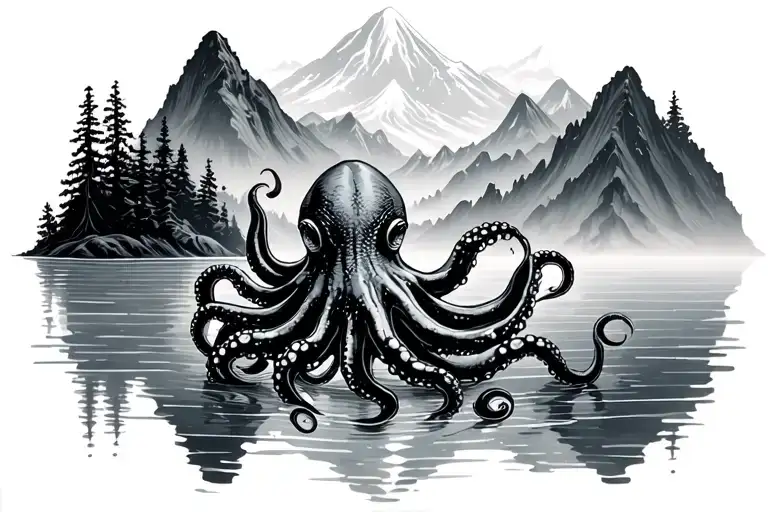 Lake And Mountain Range With Small Octopus