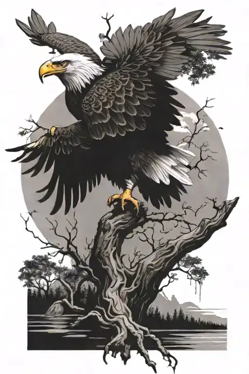 Eagle On A Tree Next To A Pond Filled Tattoo