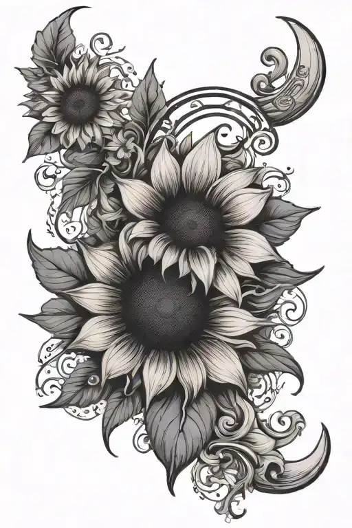 Sunflower And Crescent Moon With Stars Of All Kinds And Vine Like Lines