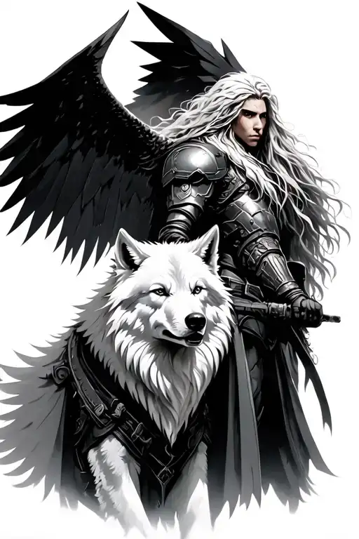 Human Dark Angel Soldier With A Long Haired White Wolf Ready For Battle
