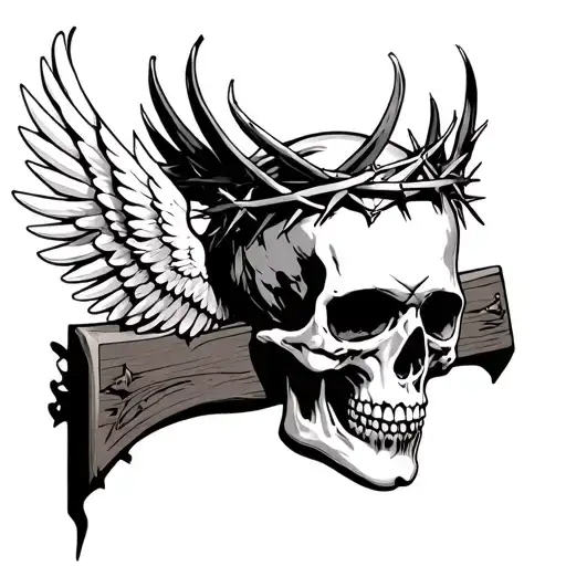 Skull Wearing The Crown Of Thorns With Wings And The Skull Head On The Cross