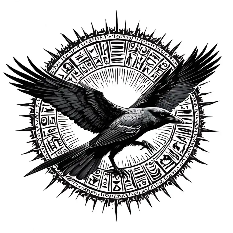 Hieroglyphic Crow Flying Towards The Sun