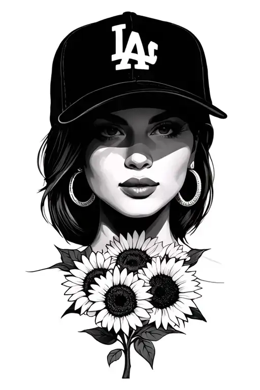 Woman Wearing La Cap And Hoop Earings With Sunflowers For Backdrop