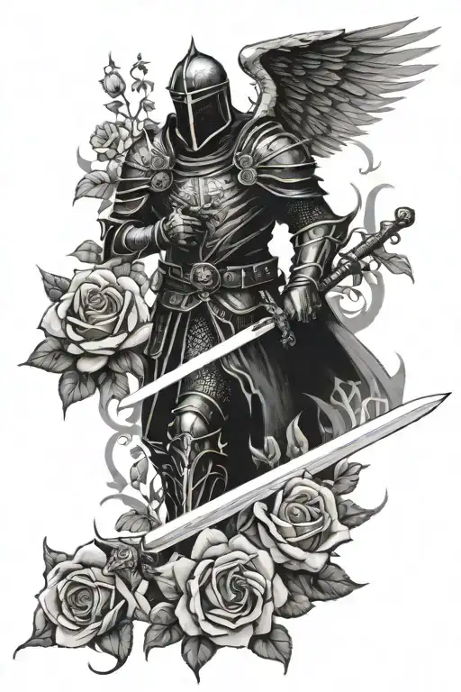 Black Knight With Sword And One Black Angel Wing In Roses And Thorne Vines