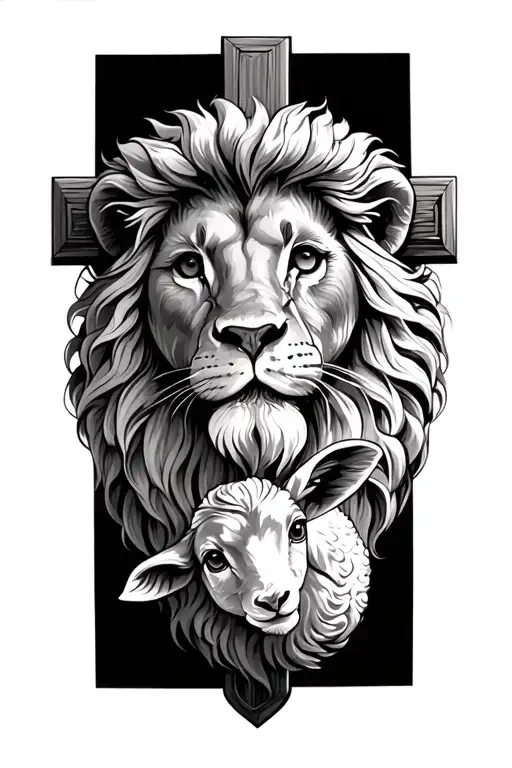 Lion And Lamb Inside Outside Of A Cross