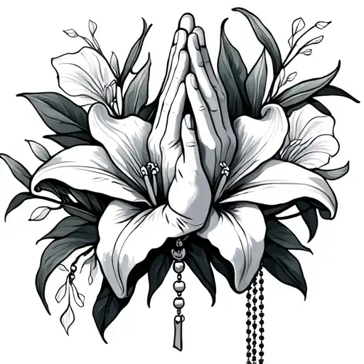 Prayer Hands With Rosary And Peace Lilies