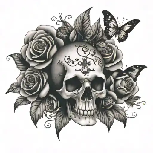 Skull Roses Butterflies Flying