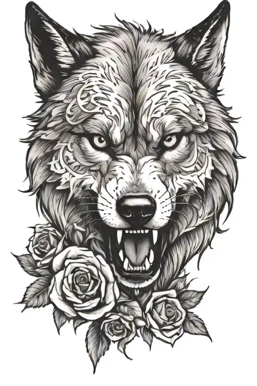 The Face Of A Wolf While Angry And Holding Only A Rose Branch Horizontally In Its Mouth