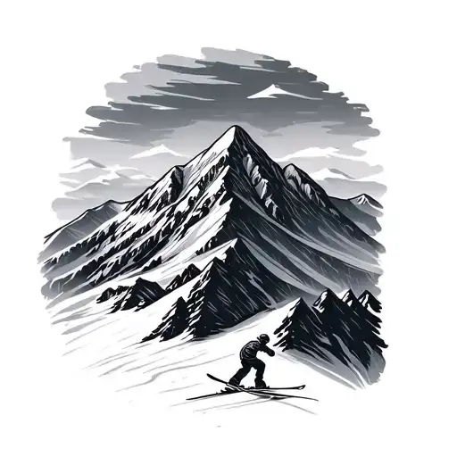 Distant Mountain With Skier Carving And Mountain Range