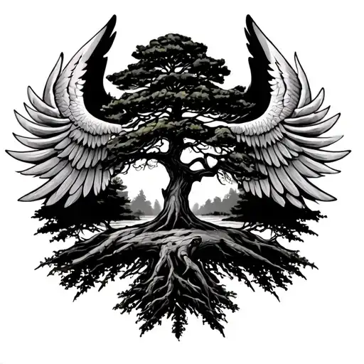 Lebanese Cedar Tree In The Middle And 2 Wings On The Side Tattoo
