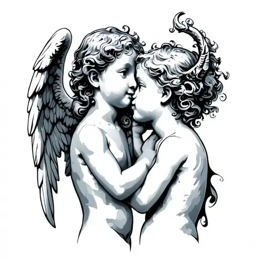 Cherub Angel And Cherub Devil Whispering Into An Ear