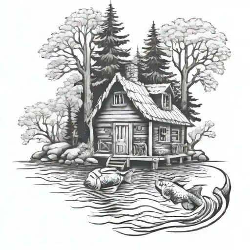 Small Cabin In Woods Near Flowing River With Small Fish Swimming In River