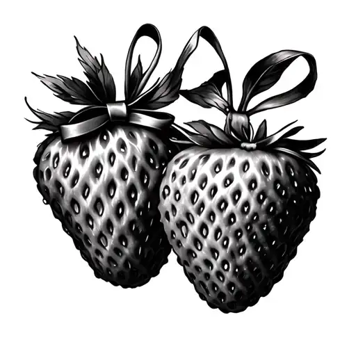 Two Fine Line Realistic Strawberries Connected With A Bow