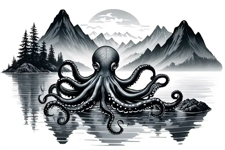 Lake And Mountain Range With Small Octopus