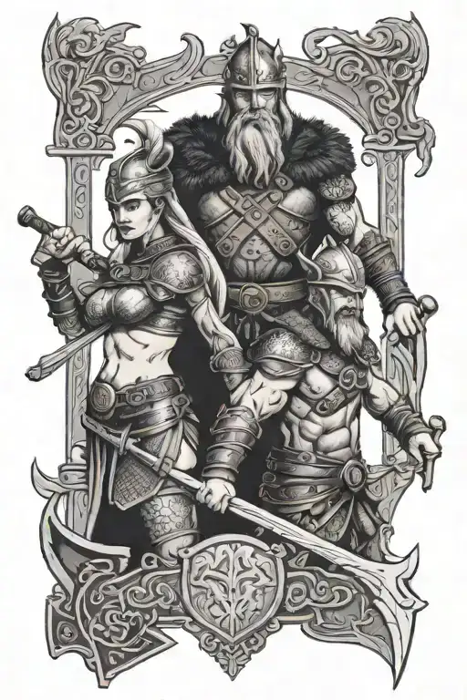 Man And Woman Viking With Battle Axes And Shields With A Raven