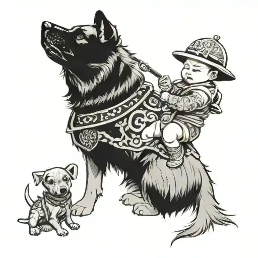 Samurai Baby With A Labrador Dog Beside