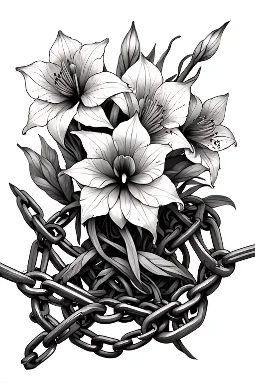 Multiple Cracked And Broken Chains With Amaryllis Flowers Intertwined In The Background