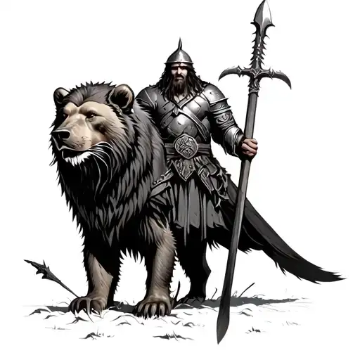 A Viking Warrior Standing Over A Dead Lion And Spearing A Bear