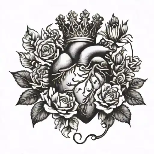 Anatomical Heart And Crown Surrounded By Flowers