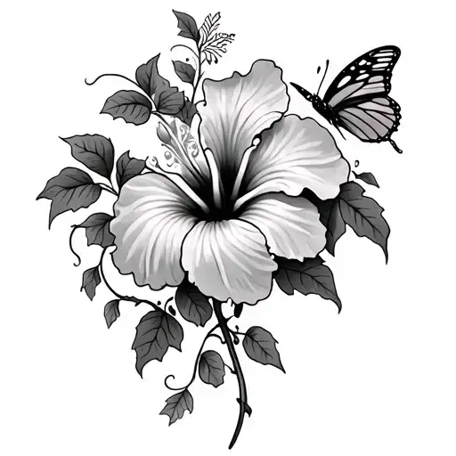 Hibiscus Flower Tattoo With Vines Surrounding And Tangled On It And A Butterfly With A Broken Wing