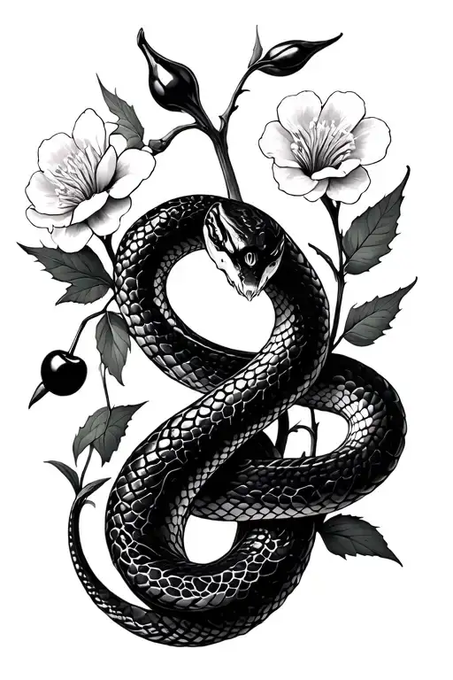 A Snake Made Up Of The 7 Sins With Cherry Flowers Around It