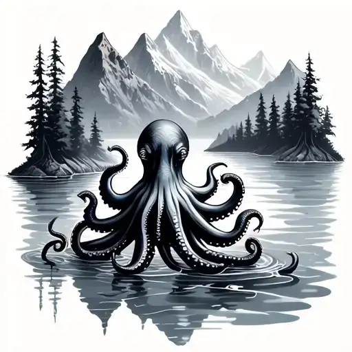Lake And Mountain Range With Small Octopus